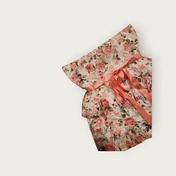 Vintage Y2k pastel pink floral print empire waist ribbon accent ruffle tube top - Picture 3 of 4